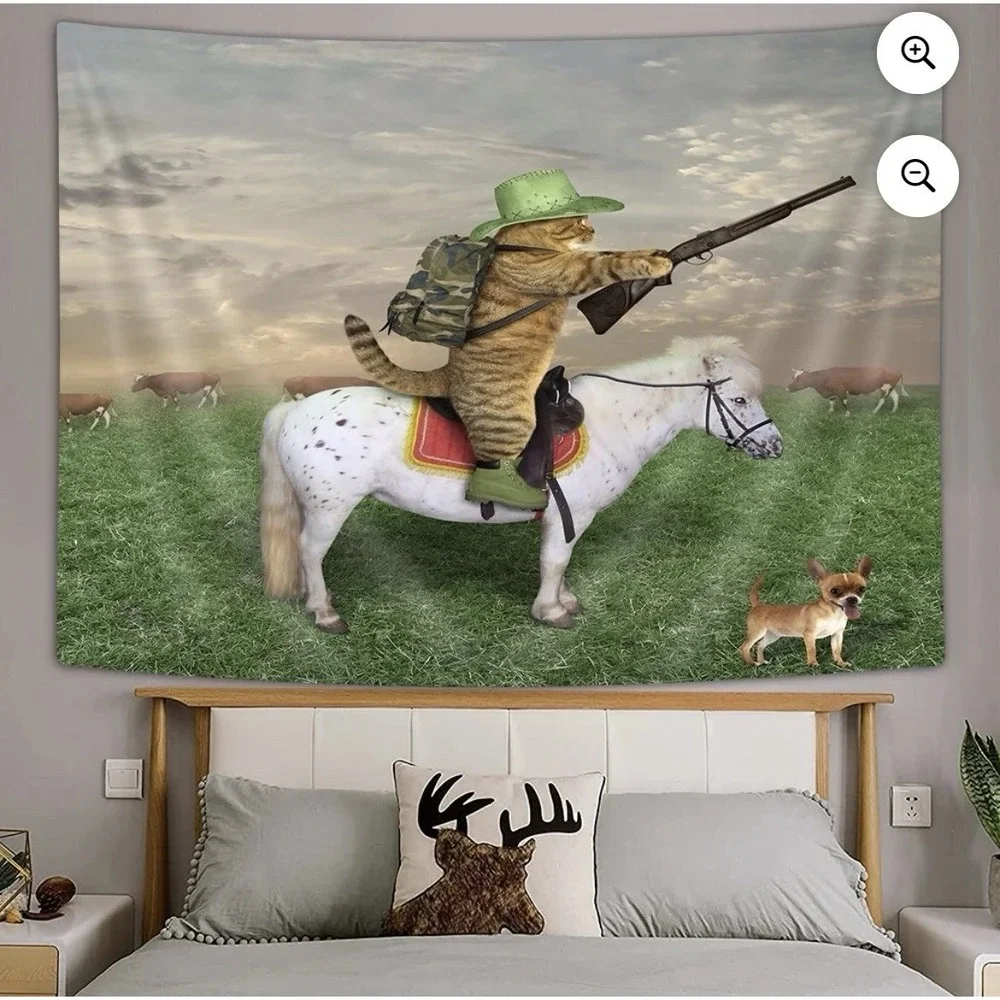 Funny Cat Cowboy Tapestry Mini Horse Animal Home Decor